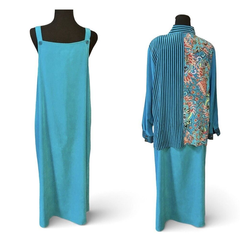 Vintage KOOS OF COURSE Maxi Jumper Dress With Silk Blouse Blue Artsy - Picture 3 of 11